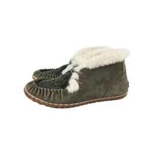 Sorel Out N About Moc slipper Shoe US 10 Peat moss Green Suede Fur Trim Booties